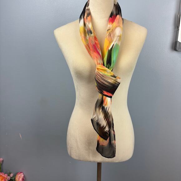 Calvin Klein Sheer Watercolor Artsy Neck Scarf Designer Gold Embellishment - Picture 1 of 5